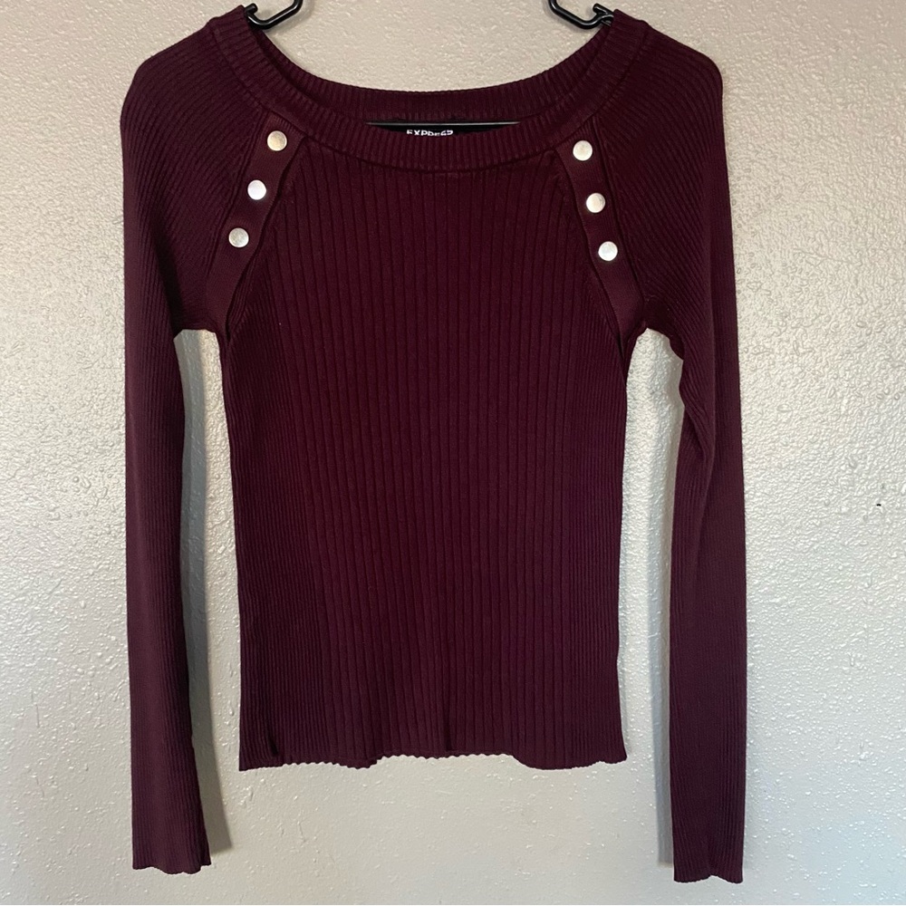 Express Burgundy Ribbed Long Sleeve Blouse